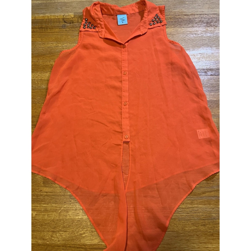 H.I.P. Women Medium Coral Sheer Studded Collar‎ Sleeveless Button Down Blouse
